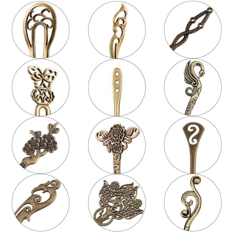 AUHOKY 12 Pieces Chinese Women Hair Sticks, AUHOKY 12 Styles Vintage Bronze Decorative Hair Pin Chopsticks, Antique Retro Hair Forks for Hair DIY Accessory - Image 2